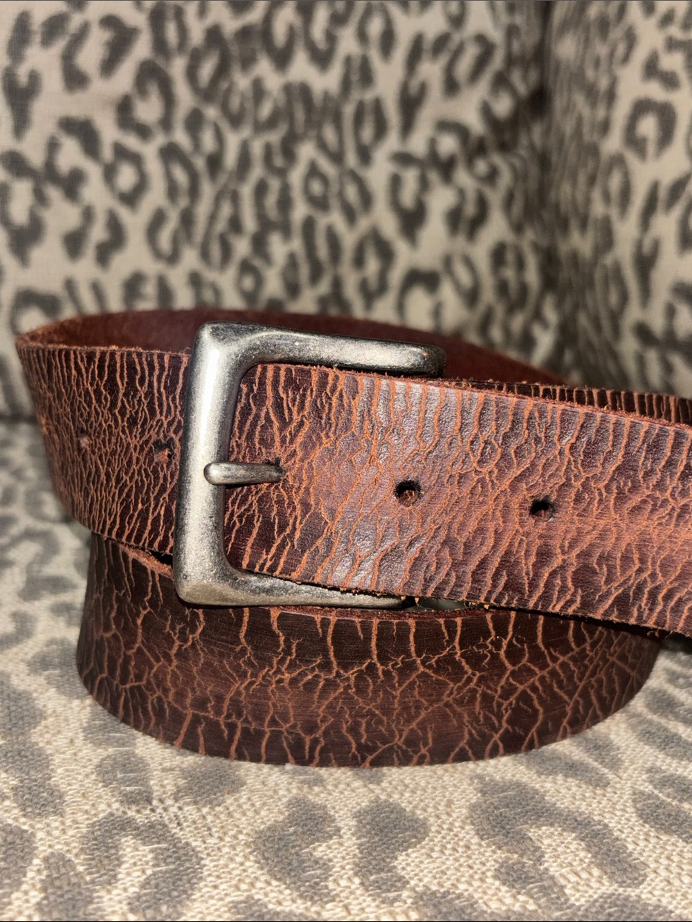 Distressed textured thick leather belt lived in grunge dark brown silver buckle